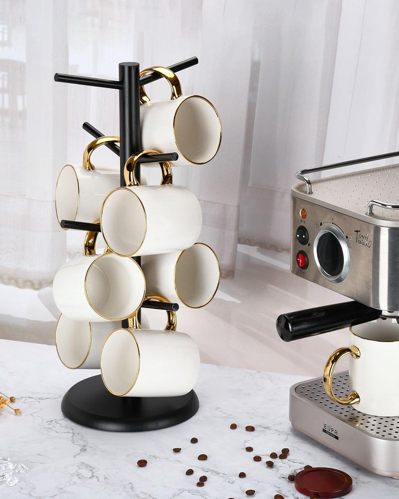 Lorbro Coffee Mug Tree with 8 Hooks, Mug Tree Stand, Wooden Coffee Cup Holder, Countertop Mug Tree, Mug Stand Kitchen Organizer, Cafe Accessories Decor & Kitchen Organizer Storage Stand (Black) - Image 3